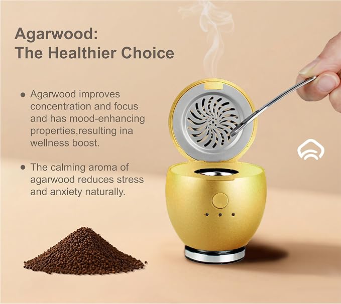 Orbby Scent Diffuser Starter Kit | Portable Small Desk Diffuser for Office: Electric Incense Device, Cordless Pet Safe Air Freshener for Home – Flameless (Gold with 1g Agarwood Pellets)