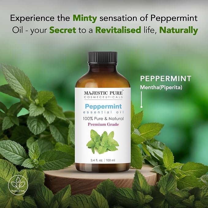 Majestic Pure Essential Oil with Glass Dropper - 100% Pure and Natural - Essential Oils for Diffuser, Aromatherapy, Soap and Candle Making, Peppermint Essential Oil, Peppermint Oil, 3.4 Fl Oz