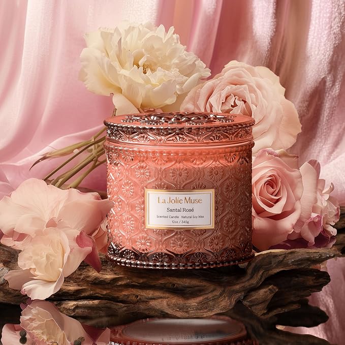LA JOLIE MUSE Santal Rosé Scented Candles for Home, Natural Soy 2-Wick 12oz | Large Jar Luxury Candle, Clean Non Toxic, Gifts for Women, Decorative Pink Candles, Pretty Floral Candle, Sandalwood Rose