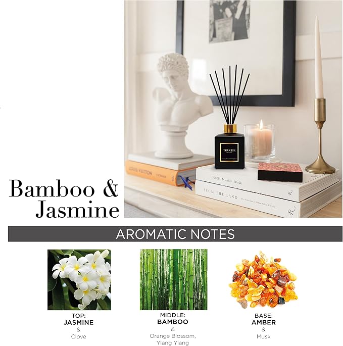 Touche Luxury Natural Reed Diffuser. Long Lasting Scented Home Fragrance. Natural Essential Oil Alcohol-Free. 4.75 OZ. Glass Bottle (Bamboo & Jasmine - Black Bottle)