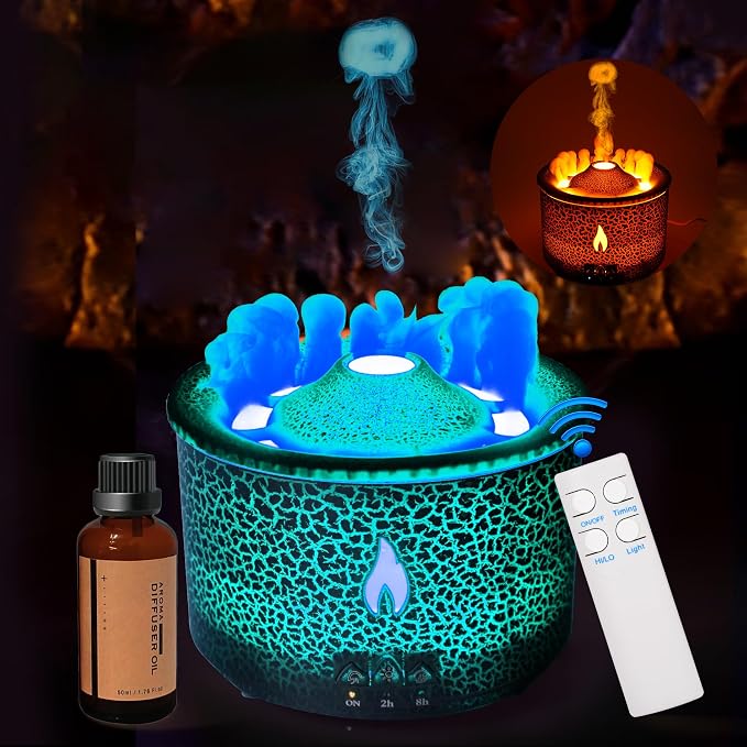 BOHOFAM Aroma Essential Oil Diffuser 360 ML,Volcano and Flame Diffuser/Humidifier,give1.76 oz Hotel Collection Essential Oils,Blue/red Light Selection,Diffusers for Home,Large Room(Black Cracks)