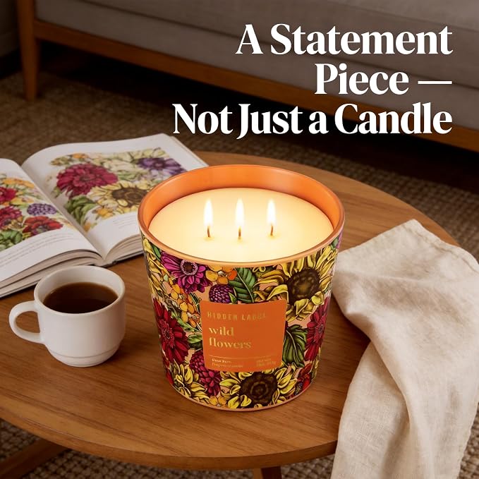 Hidden Label Wild Flowers Soy Candle, 30oz 3-Wick, 100H Botanical Floral | Non-Toxic Vegan Phthalate-Free | Peony Jasmine Fresh Greens Scent | Even Melt No Tunneling | Statement Decor Gift for Women