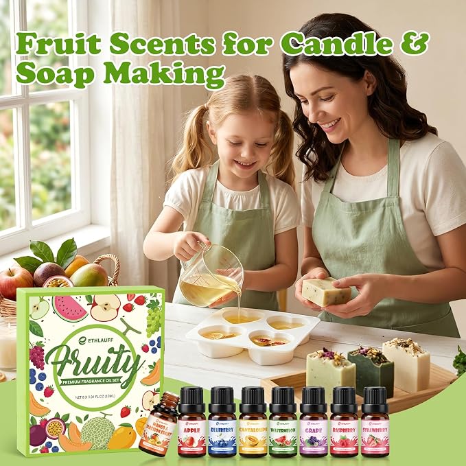 Fruity Fragrance Oil, Premium Fruit Essential Oils for Diffuser, Candle Soap Making Scents, 10ml/0.33fl.oz, Apple, Cantaloupe, Strawberry, Grape, Fruit Scented Oils for DIY, Bath Bombs Making