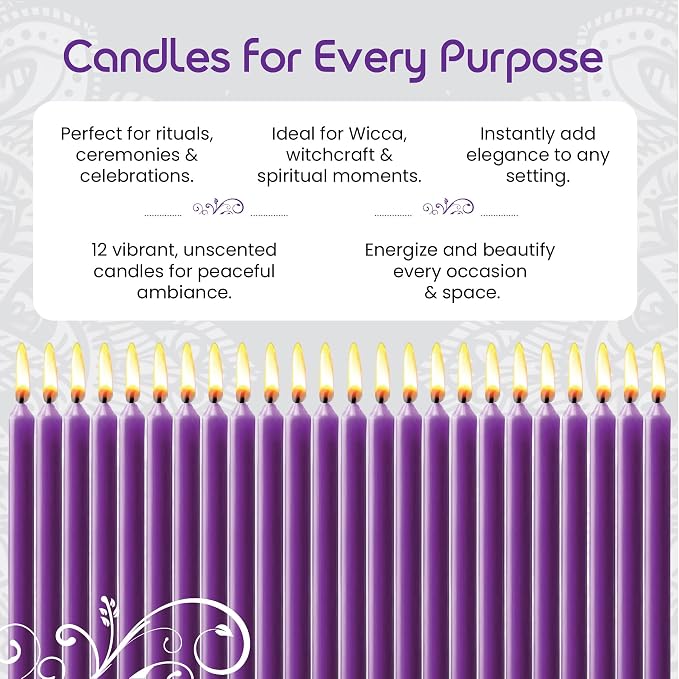 Box of 12 Purple Candles | 4 inches Dripless Paraffin Wax Candles | Witchcraft Supplies for Your Personal Wiccan Altar, Spells, Charms & Intentions | Witchy Room Decor | Taper Candlesticks