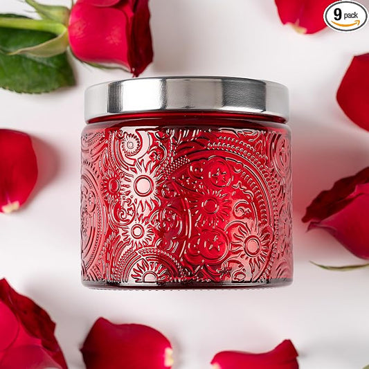 10 oz Red Sun Moon Stars Candle Jars with Metal Lids, 9 Pack | Patented Embossed Design, Includes Wick Centering Devices & Warning Labels, Multiple Color Options