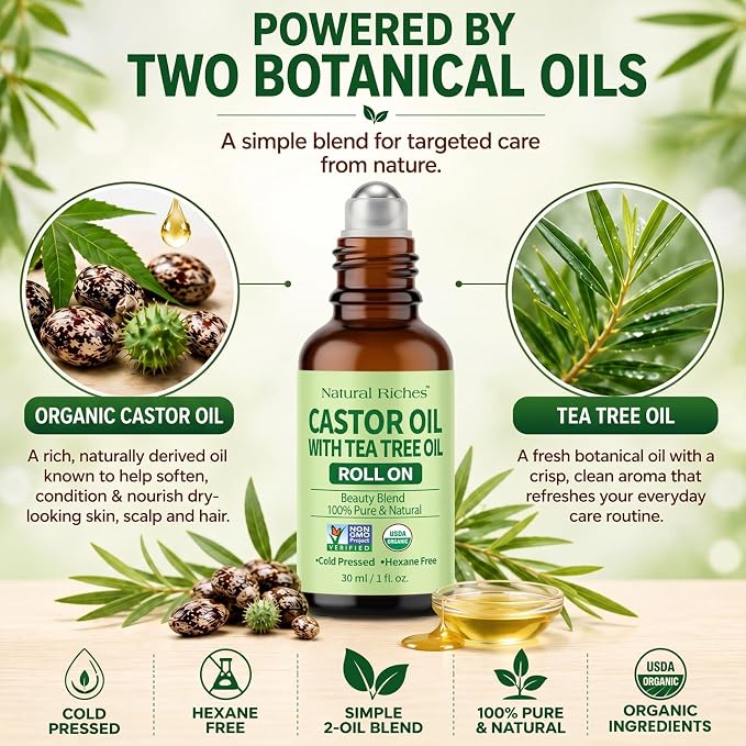 Natural Riches Castor Oil with Tea Tree Oil – Glass Roll-On Bottle for Hair Growth, Eyelashes & Eyebrows – Cold Pressed, 100% Pure, Scalp Care for Dry, Itchy Scalp – Travel Size Roller 1 fl oz.