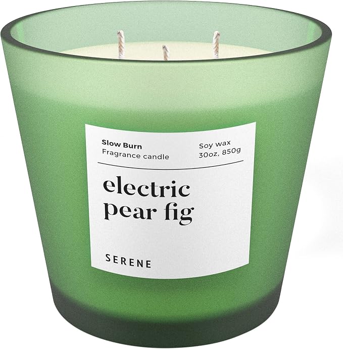 Hidden Label Electric Pear Fig Scented Candle, 30oz Large 3 Wick Natural Soy Wax Candle, 120 Hours Slow Burn Aromatherapy Candle for Home, Serene Collection Luxury Home Décor