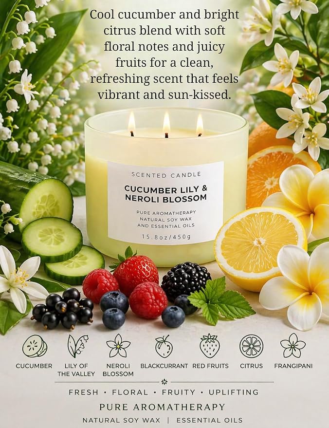 Cucumber Lily & Neroli 3-Wick Soy Floral Scented Candle for Women, 15.8oz | Orange Blossom & Citrus Notes, Aromatherapy, Large Jar, Clean Burn, Home, Bath & Bedroom, Gift for Her, Housewarming