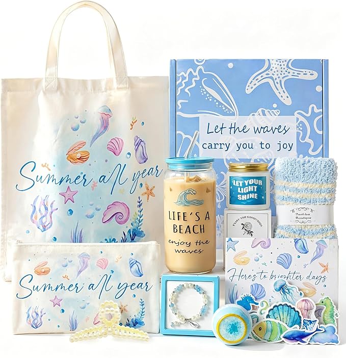 Gifts for Women, 10pcs Ocean Themed Happy Birthday Gifts for Women, Gift Basket Filled with Beach Lover Essentials Blue Ideas Inspirational w/ Seashell Tote Bag Thinking of You for Mom Sister Friend
