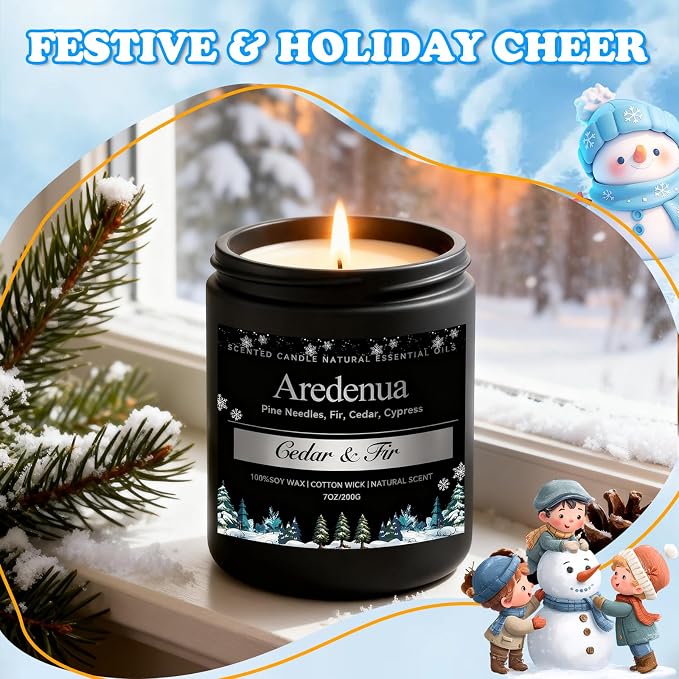 Cedar & Fir Candle – Winter Candles | Holiday Scented Candles, 7oz Jar Soy Candle for Home Scented - 50H Burn - Evergreen Forest & Fresh Pine Scent, Candles Gifts for Women & Men