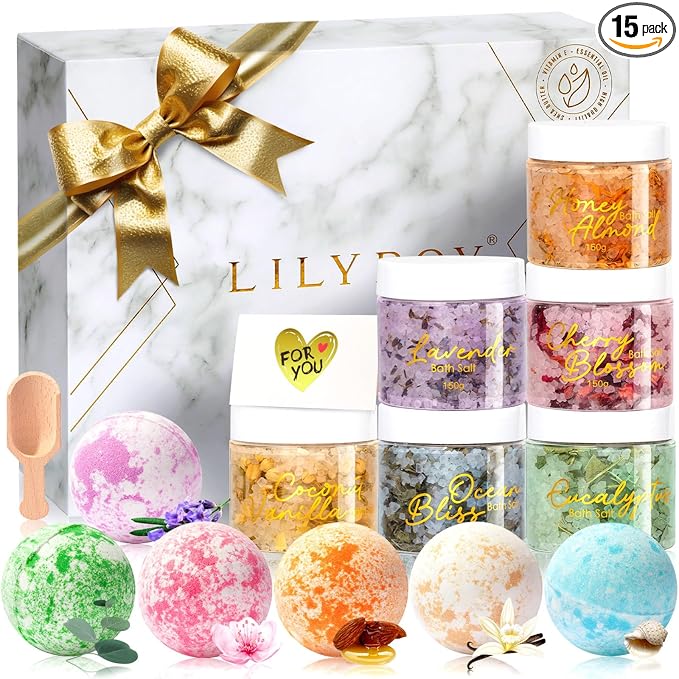 Gifts for Women & Men, Birthday Gifts - 15 Pcs Luxurious Spa Gift Set Bath and Body Gift Set for Mom Dad | Perfect Valentines Day, Christmas, Mothers Day with 6 x 150g Bath Salt 6 x 100g Bath Bomb