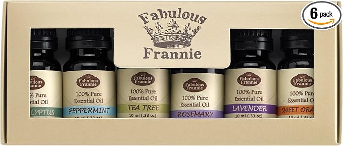 Fabulous Freannie Essential Oil Box Gift Set 100% Pure Grade Peppermint, Lavender, Sweet Orange, Rosemary, Eucalyptus and Tea Tree .33oz (Pack of 6)