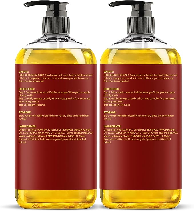 Majestic Pure Cellulite Massage Oil for Massage Therapy- Refreshing and Relaxing- Natural Oils with Grapeseed, Eucalyptus & Lemon Oil- All Skin Types- Men and Women Massage Lotion- 8 fl oz (Pack of 2)