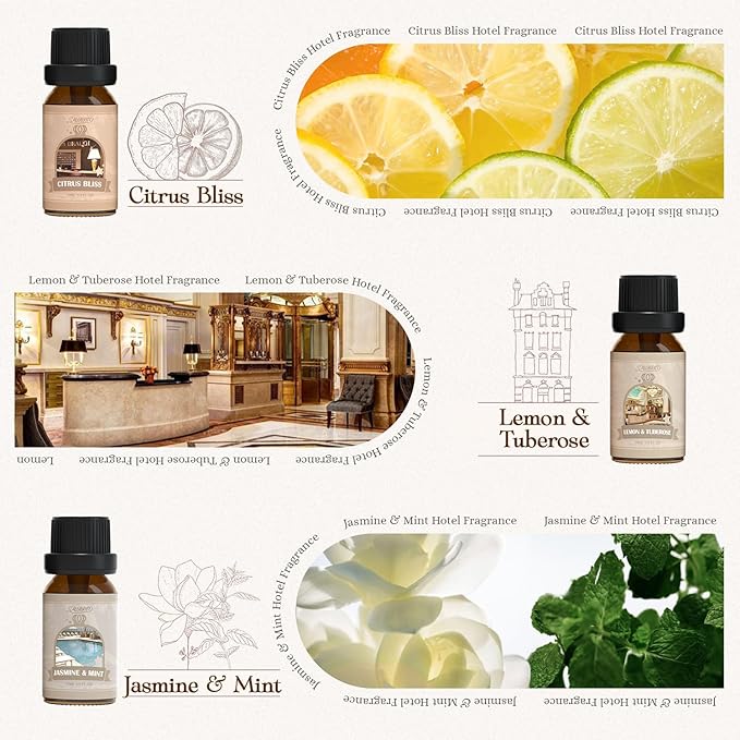 SALUBRITO Hotel Fragrance Oil Set, Luxury Essential Oil Set for Diffuser, Candle, Soap Making Scents, Bergamont & Ylang-ylang, White Tea, Lemon & Thyme, Citrus Bliss, Lemon Tuberose, Jasmine & Mint