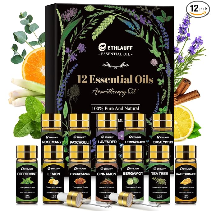 Essential Oils Set, 12 pcs Pure Essential Oil for Diffuser, Humidifiers, Skin Care, Massage, Fragrance Oil Scent for DIY Candle and Soap Making, Gift for Friend