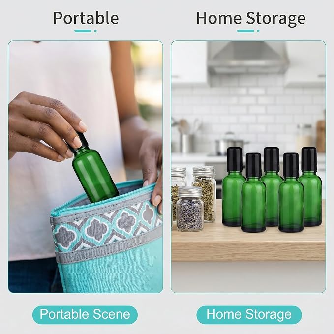 6PCS 50ml Empty Portable Green Glass Roll on Bottles With Stainless Steel Ball and Black Cap For Perfume Essential Oil Roller Bottles Vial Container Pot Jar Attar Bottle