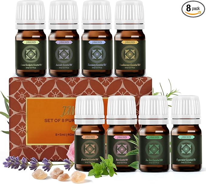 100% Pure Essential Oils 8-Piece Gift Set with Rose, Frankincense and Lavender for Diffuser, Sauna, Meditation, Focus, DIY Skin Care Blends, Soap & Candle Making, 8 x 5 ml