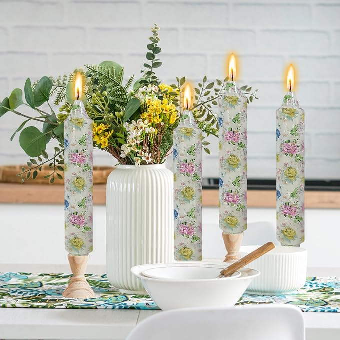 7 inch Short Candle Floral Candle Sticks Printed Candlestick Handmade Unscented Taper Candle 4 pcs Blue Flower Tapered Candles for Home Dinner Wedding Holiday