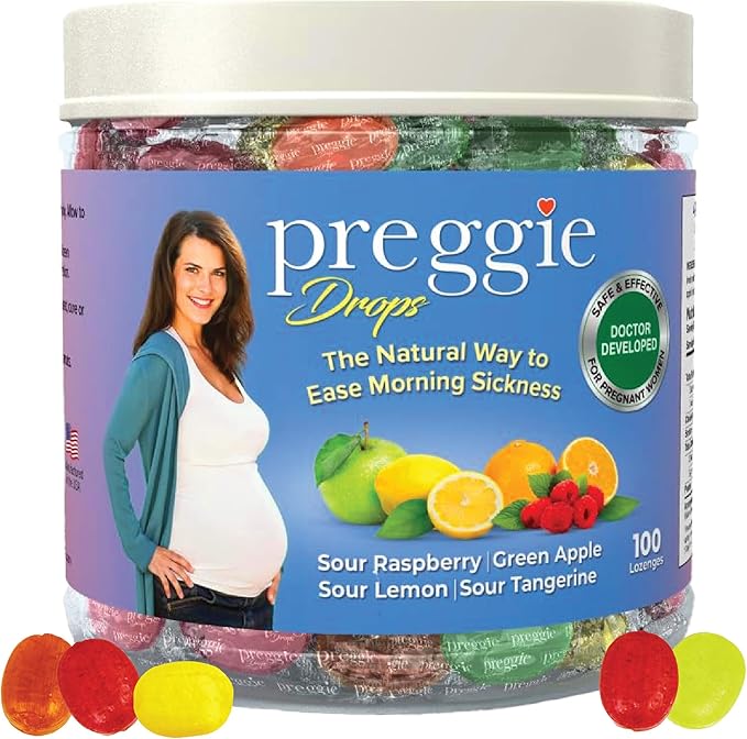 Preggie Drops Pregnancy Nausea Lozenges with Essential Oils & Fruit Extracts, Morning Queasiness Lozenges for Pregnant Women, Natural Sour Drops Variety Pack, 100 Count