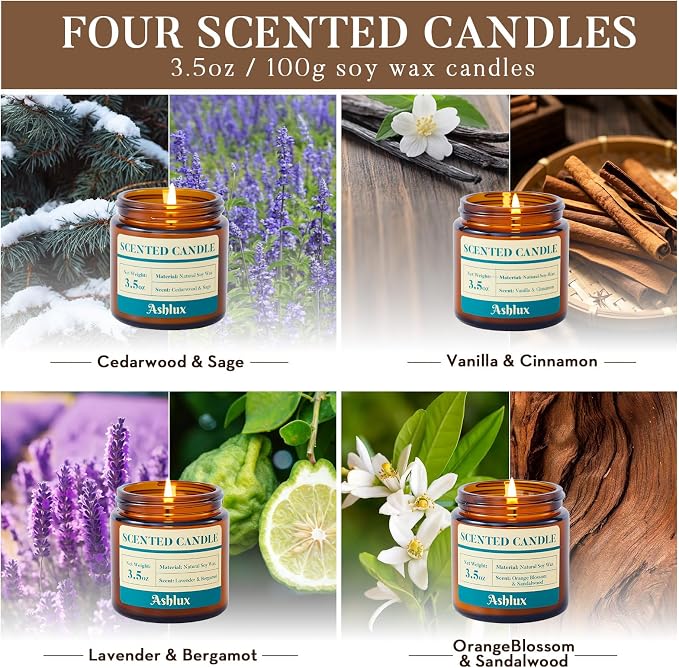 Ashlux 4 Pack Scented Candles as Candle Gift Set, Candle Set for Women, Long Lasting Soy Wax Amber Jar Aromatherapy Candles for Stress Relief, Home Decoration, Birthday, Valentine's Day