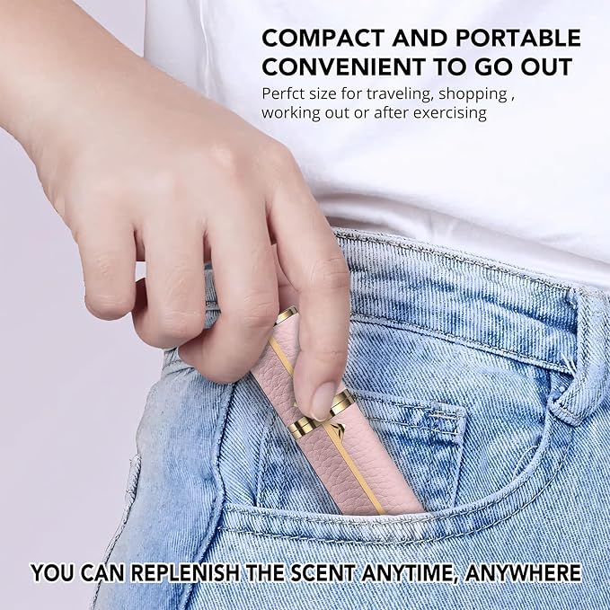 8ML Travel Perfume Refillable Atomizer, Mini Genuine Leather Cologne Sprayer, Protable Pocket Size Empty Fragrance Spray Bottle (Pink)