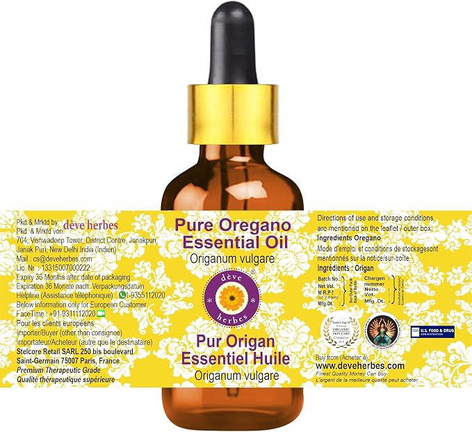 Deve Herbes Pure Oregano Essential Oil (Origanum vulgare) with Glass Dropper Steam Distilled 10ml (0.33 oz)