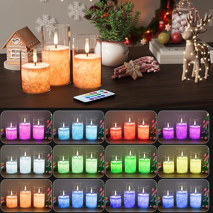 VIODAIM 12Colors Ice Crystal Real Wax Glass Flameless Candles with Remote & Timer, Battery Operated Candles with Warm Flickering Flame, Realistic LED Candle for Wedding Home Decor [D3×H4/5"/6"] 3Pack