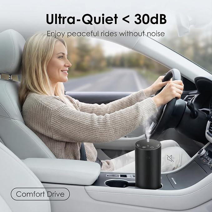 Car Diffuser, Waterless Essential Oil Diffuser with 2000mAh Battery & Timer, Adjustable Mist Cordless Aromatherapy for Car, Portable Air Freshener with Premium Aluminum Alloy & Type-C Charging (Black)