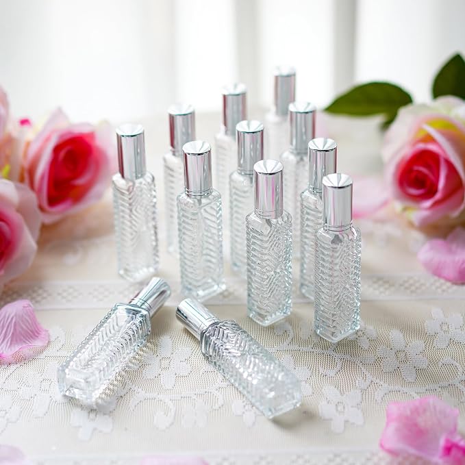 YU FENG 12pcs Perfume Bottles Empty Clear Glass Atomizer Spray Bottles Empty Refillable for Perfume Essential Oil,Packed with Funnels Pipettes Dispensers Engraved Taj Mahal Style（13ml）