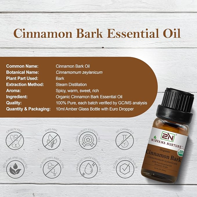 Cinnamon Bark Essential Oil, USDA Certified Organic, 100% Pure Undiluted, Aromatherapy Oil for Diffuser, Hair & Skin Care