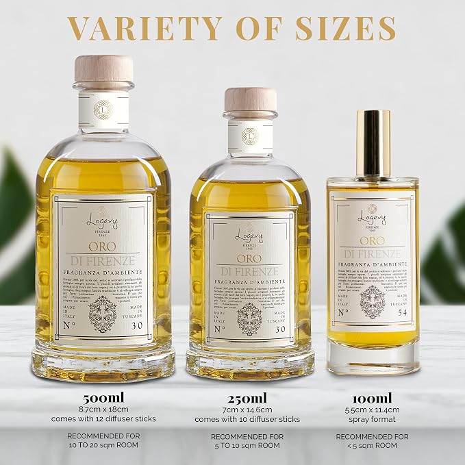Logevy Firenze 1965 Oro di Firenze – Gold of Florence Luxury Home Fragrance Spray by Italian Master Perfumer with Floral & Earthy Notes to Captivate the Senses & Enliven Any Room – 100ml