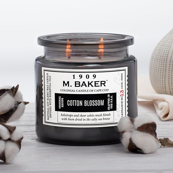 Colonial Candle Cotton Blossom Scented Jar Candle | 2-Wick Natural Soy Blend Wax Candle for Home | Relaxing Aromatherapy Candle Infused with Essential Oils | M. Baker Apothecary Glass Jar Candle