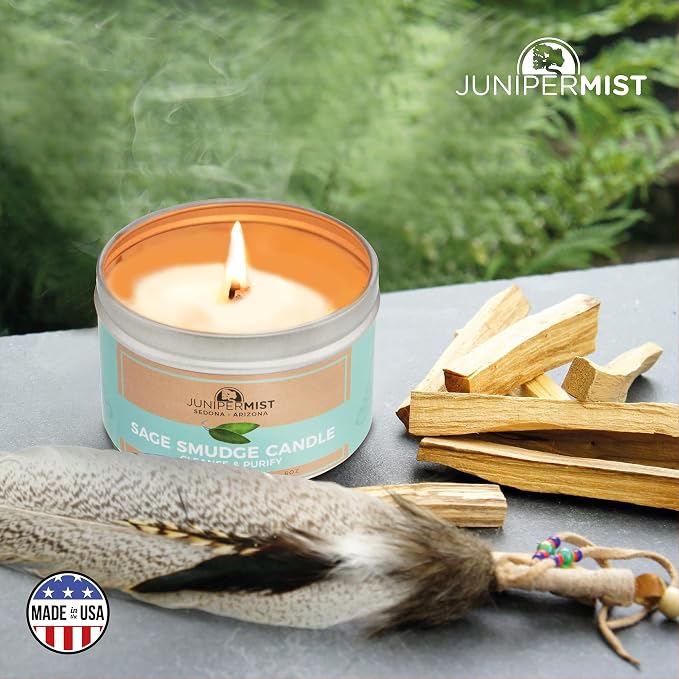 Sage Candle (6 Oz) - for Meditation & Cleansing Negative Energy - Made in USA with Soy Wax, Essential Oils, Real Sage - Smokeless Alternative to Smudge Sticks