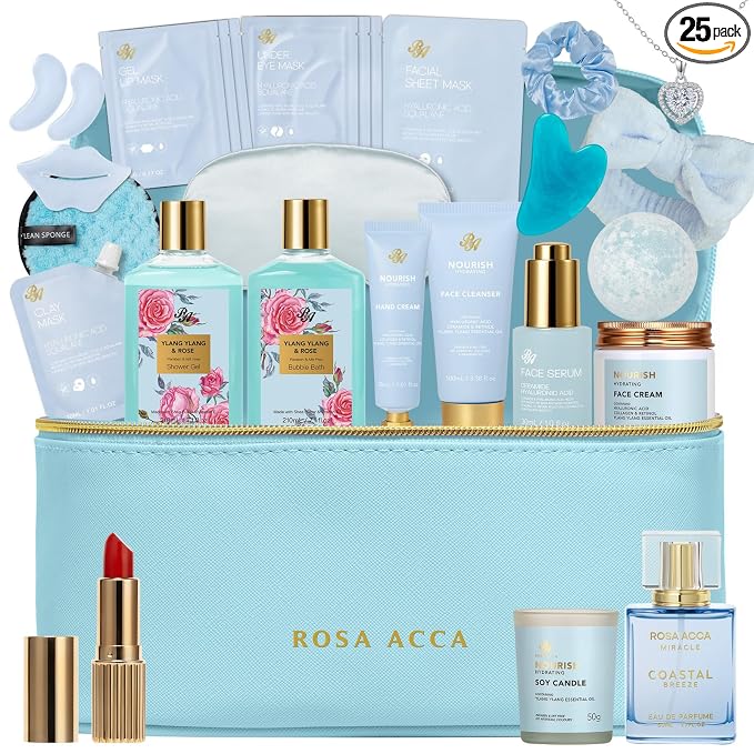 25 Pcs Mother's Day Gift, Bath & Body Gift Basket Set for Women, Skin Care Set, Self Care Spa Gift Basket, Cosmetic Bag, Necklace, Bath Bomb, Christmas, Valentine's, Birthday, Wife, Mom