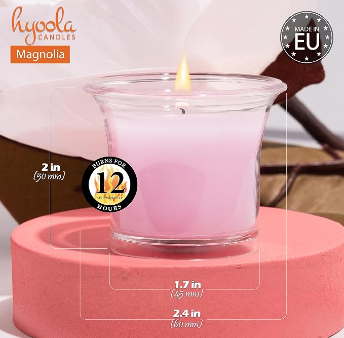HYOOLA Clear Cup Scented Votive Candles - Magnolia - 12 Hour Burn Time - 4 Pack - European Made