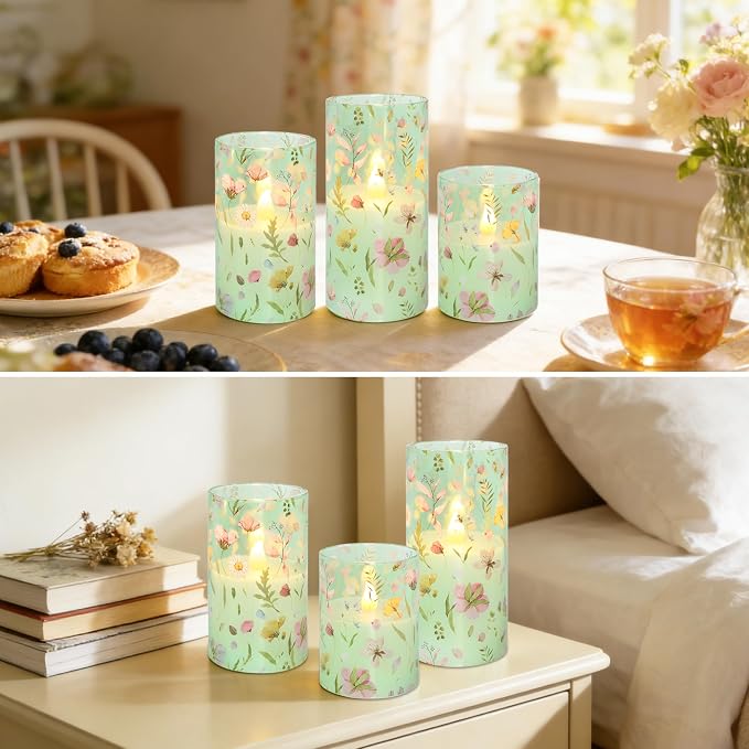 Flameless Candles with Remote Timer, Glass Battery Operated LED Candles, Green Floral Design, Cylindrical Shape, Set of 3 for Home Party Wedding Decor