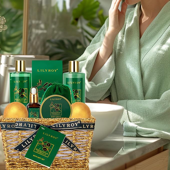 Bath and Body Gift Basket for Women & Men - 10-Piece Eucalyptus Spa Gift Basket for Women & Men, Ideal Gifts for Valentines Day, Fathers Day, Mothers Day, Birthday, Christmas Gift for Her & Him