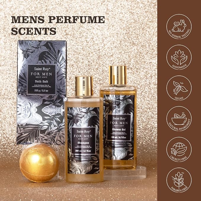 Gift for Dad Spa Gifts for Men, Bath & Body Kit, Spa Gift Set, Man Spa Basket Set for Dad, Mens Perfume Bath and Body Gift Set, Ideal Christmas Birthday Self Skin Care Set for Man Leather Wallet
