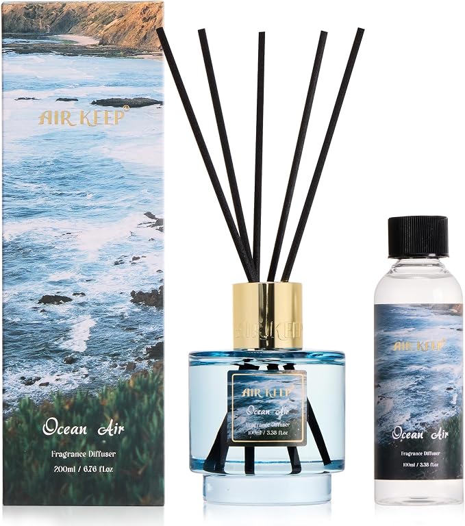 Airkeep Reed Diffuser Set with Refill & 8 Reed Sticks, 6.96 fl oz Ocean Air Home Fragrance, Long Lasting Aromatherapy Diffuser for Bedroom, Bathroom & Living Room