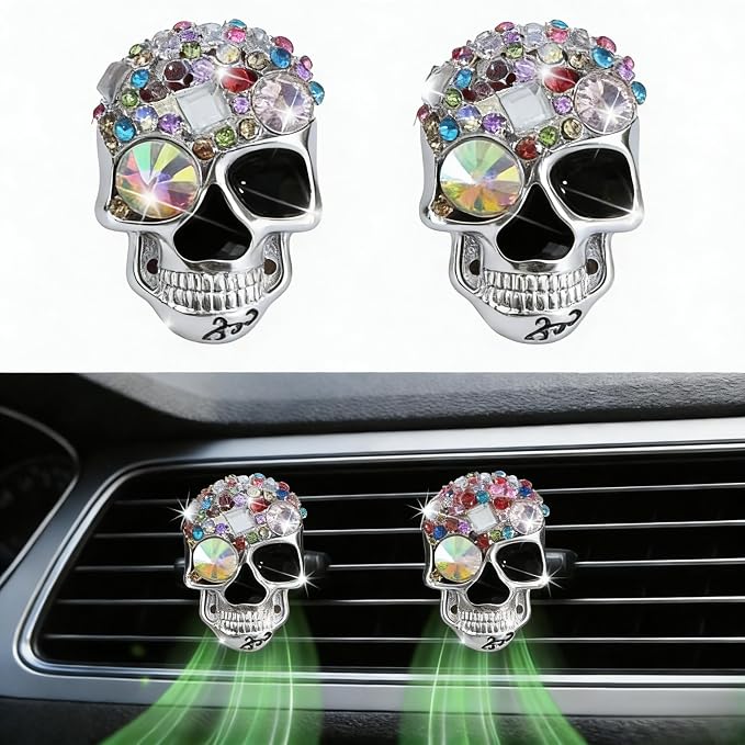 Gothic Skull Car Air Freshener Vent Clips with 2 Pads, Halloween Scented Car Accessories for Men Women, Automotive Interior Decor and Cool Car Fresheners for Men， Spooky Gift Idea-A7