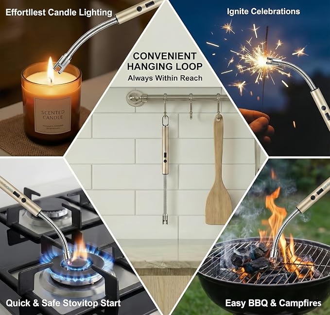 Castelar Electric Candle Lighter with Long Flexible Neck, USB Rechargeable Arc Lighter with Safety Lock for Candle, BBQ, Camping, Housewarming, and Birthday Gifts