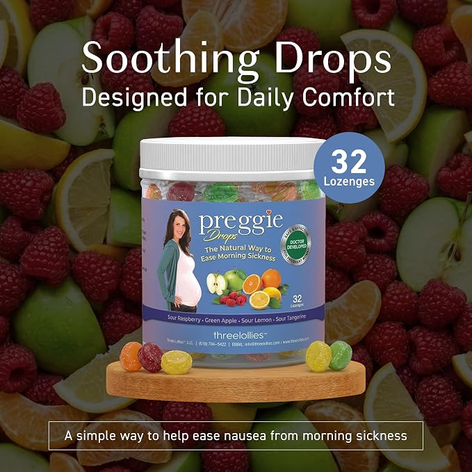 Preggie Drops Pregnancy Nausea Lozenges with Essential Oils & Fruit Extracts, Morning Queasiness Lozenges for Pregnant Women, Natural Sour Drops Variety Pack, 32 Count