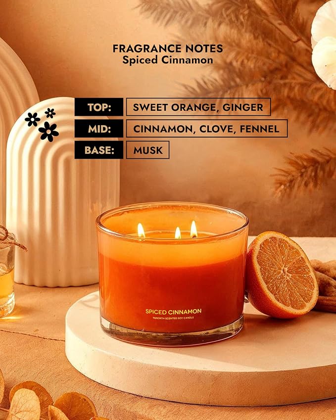 96NORTH Luxury Spiced Cinnamon Candle | Large 3 Wick Jar Candle | Up to 40 Hours Burning Time | 100% Natural Soy Wax | Relaxing Aromatherapy Aesthetic Candles | Housewarming Gift for Men and Women