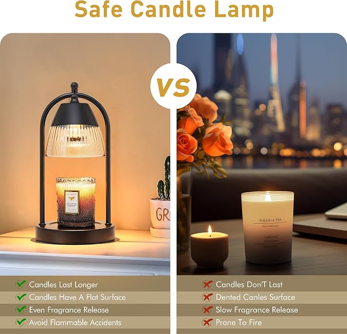 GyroVu Candle Warmer Lamp with Timer, 3-Level Dimmable Candle Lamps with Glass Shade, Electric Candle Light Wax Melt Warmer for Scented Wax, Black Warmer Lamp for Women Home Decor (2 Bulbs Included)