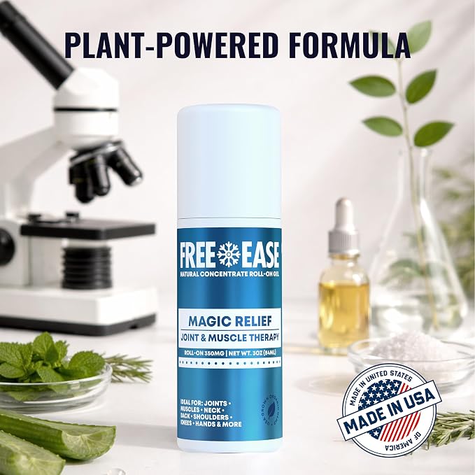 FREE EASE Magic Relief Roller - Light Solution, Roll On Gel for Muscle Recovery, Joint, Back, Shoulder, Knee & Neck Support, Fast Acting Menthol Topical Gel Roll On - Made in USA