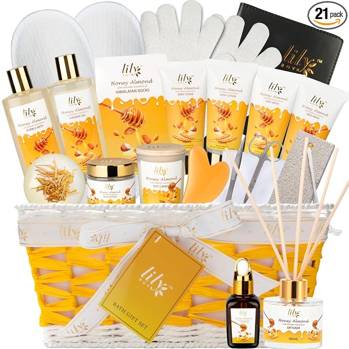Honey Almond Bath Gift Set - 21Pcs Moisturizing & Relaxing Spa Gift Basket for Women & Men