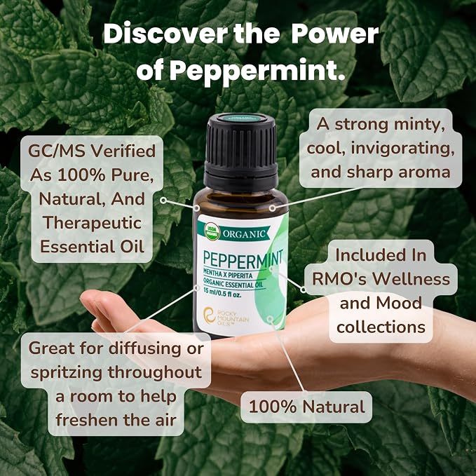 Rocky Mountain Oils Organic Peppermint Essential Oil 15ml – 100% Pure, USDA Organic, for Aromatherapy & Topical Use
