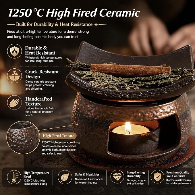 Cedar and Zen Herb Burner Kit, 1250°C High-Fired Aromatherapy Burner Set | Japanese Style, 6-Piece, With Tea Light Holder & Roof Tile, For Herbs & Cedar, Meditation, Yoga, Relaxation, Home Decor Gift