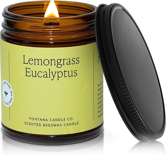 Fontana Candle Co Wood Wick Beeswax Jar Candle, Lemongrass Eucalyptus – Made Safe with Coconut Oil & Pure Essential Oils – 35+ Hrs Clean Burn, Long Lasting and Non-Toxic Candles for Home & Room Decor