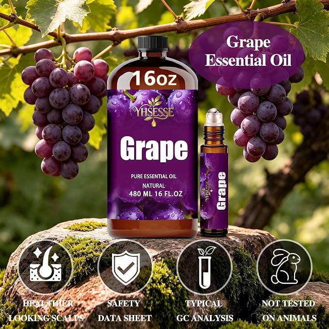 Grape Essential Oil, Grape Oil 16 Fl Oz 480ml for Diffuser Yoga Soap & Candle Making – with 0.33 Oz Roller Ball & Funnel YHSESSE Essential Oils